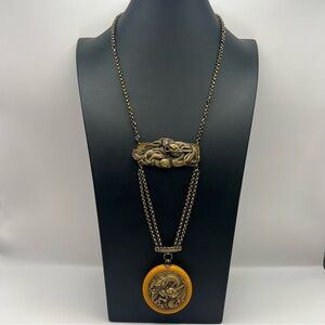 Antique Japanese Brass and Bakelite Dragon Festoon Necklace
